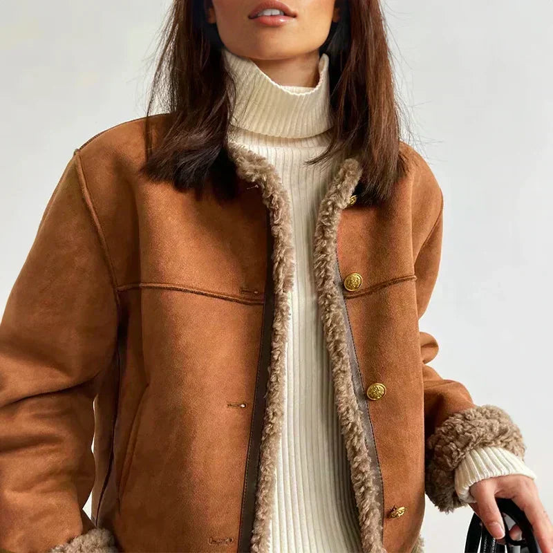 Women's faux suede jacket in brown with button front and fur trim