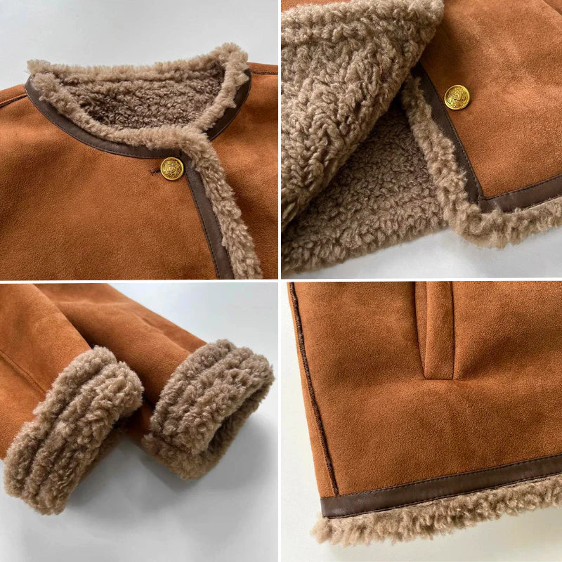 Close-up of the button-front closure on the women's faux suede jacket