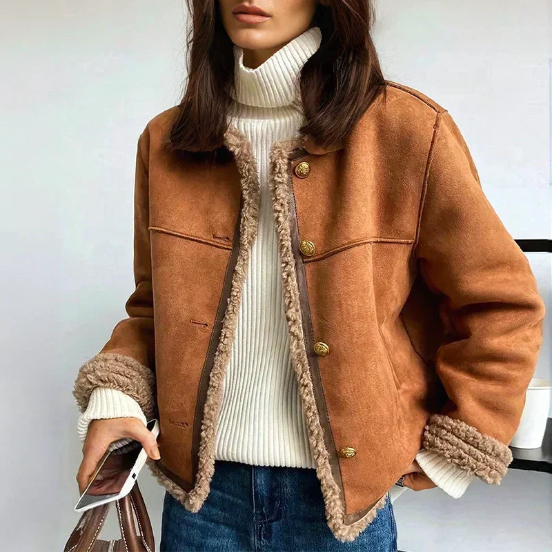 Women's brown faux suede jacket styled on model