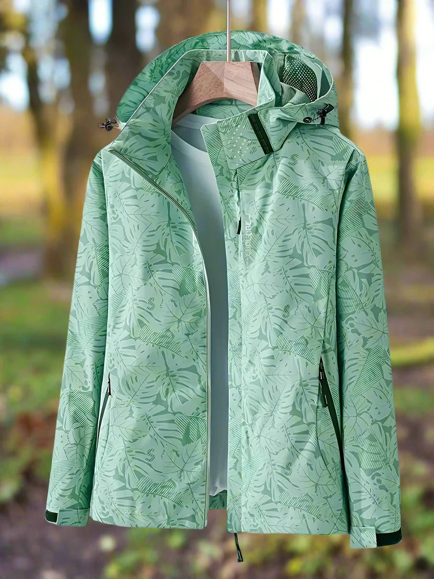 Women's green hooded rain jacket with full-length zip