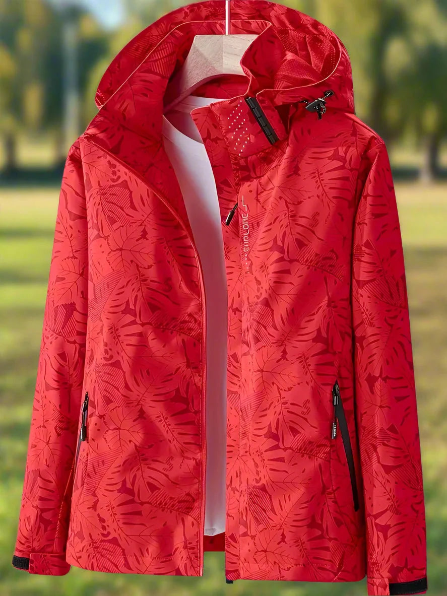Women's red hooded rain jacket with full-length zip