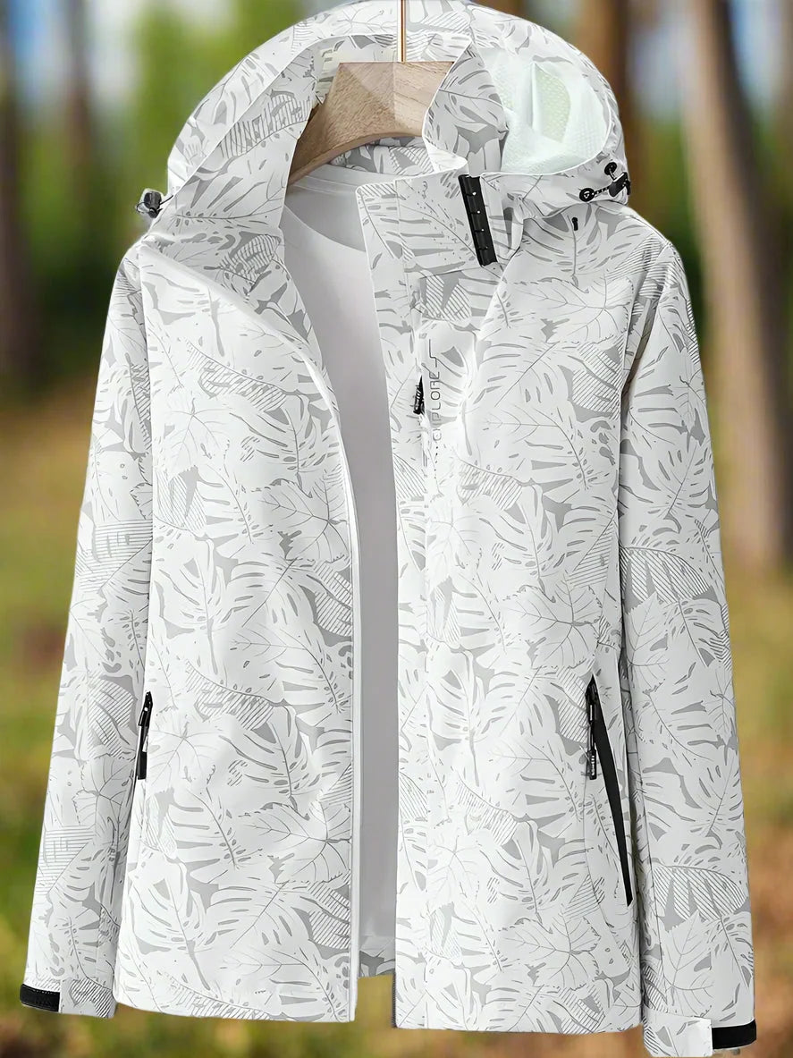 Women's white hooded rain jacket with full-length zip