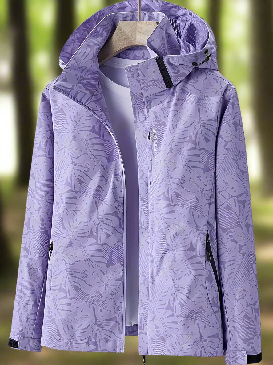 Women's purple hooded rain jacket with full-length zip