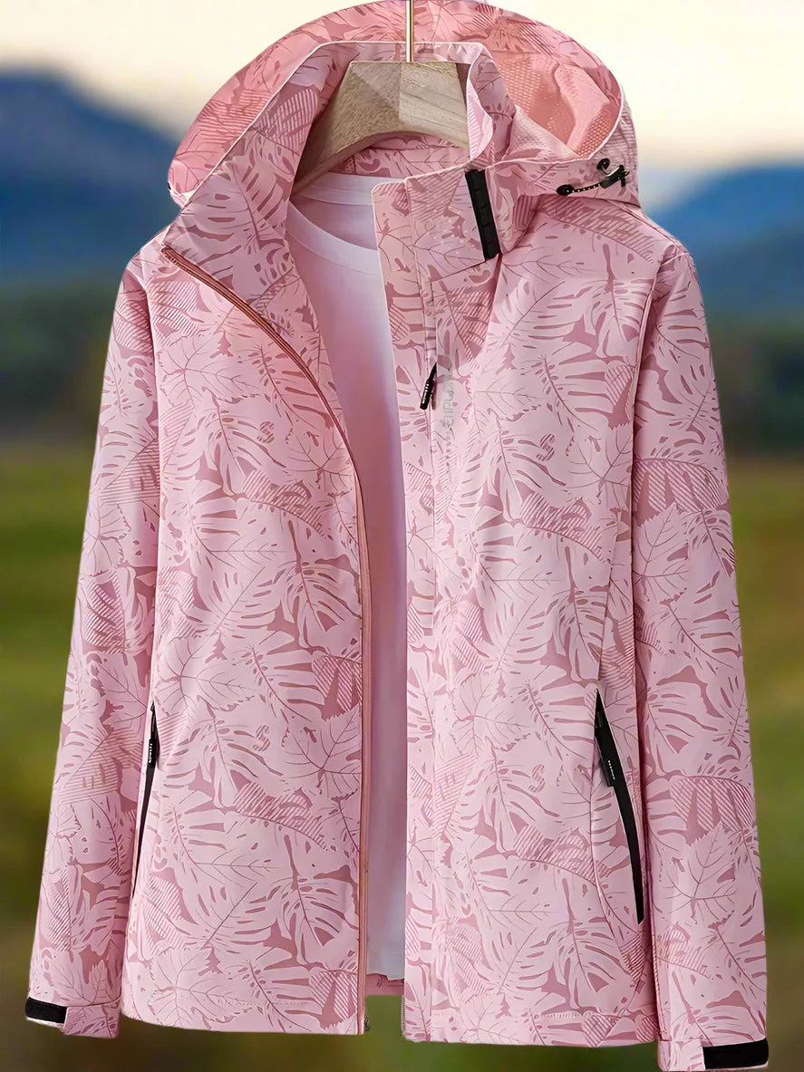 Women's pink hooded rain jacket with full-length zip