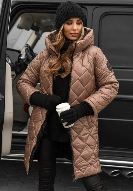 Women's diamond-quilted longline puffer jacket in beige with hood