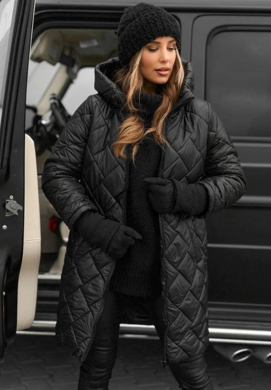 Women's diamond-quilted longline puffer jacket in black with hood