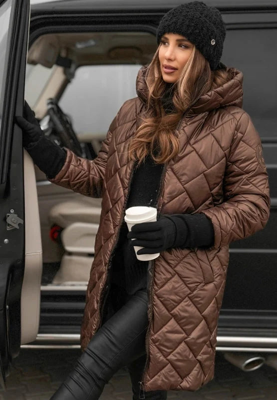 Women's diamond-quilted longline puffer jacket in brown with hood