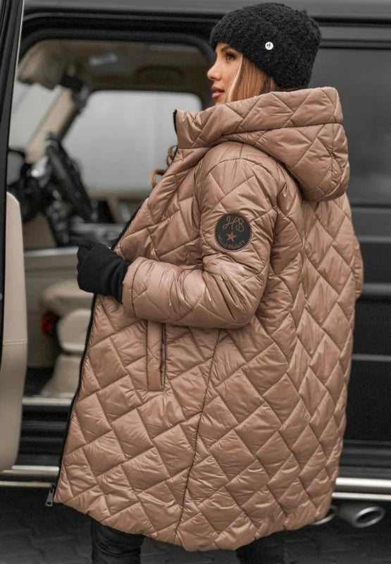 Back view of the women's diamond-quilted longline puffer jacket