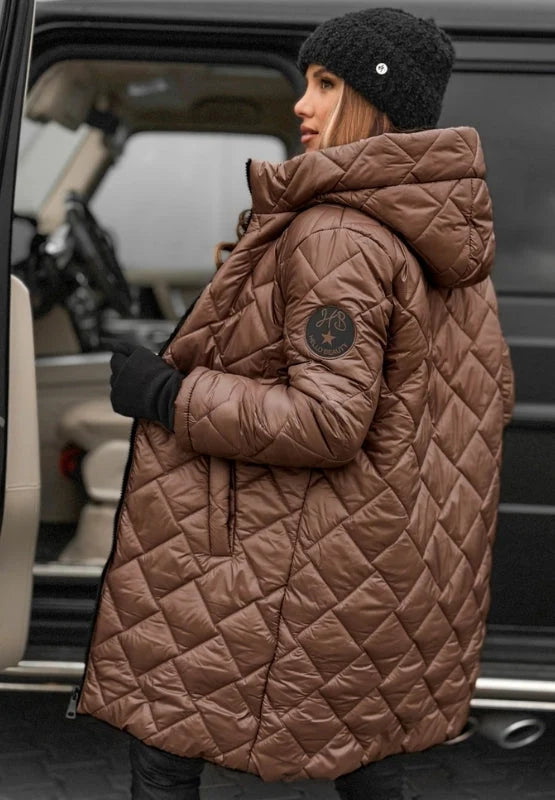Women's diamond-quilted longline puffer jacket styled on model