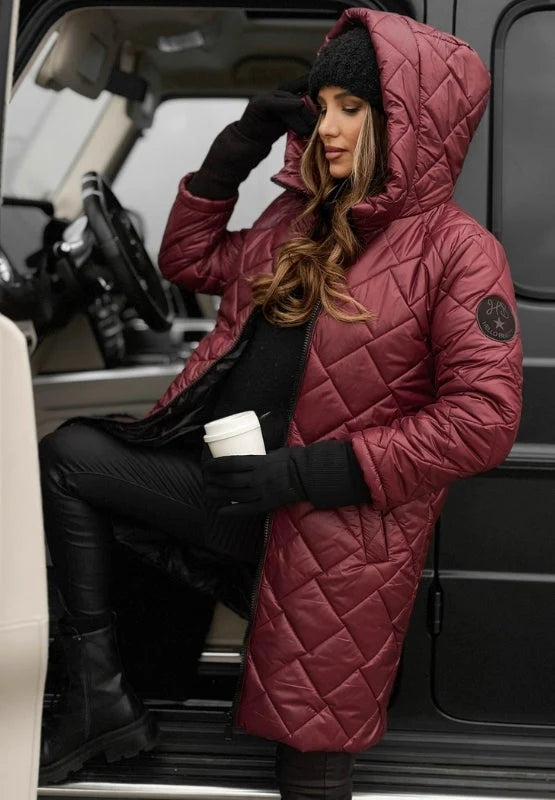 Side view of the women's diamond-quilted longline puffer jacket