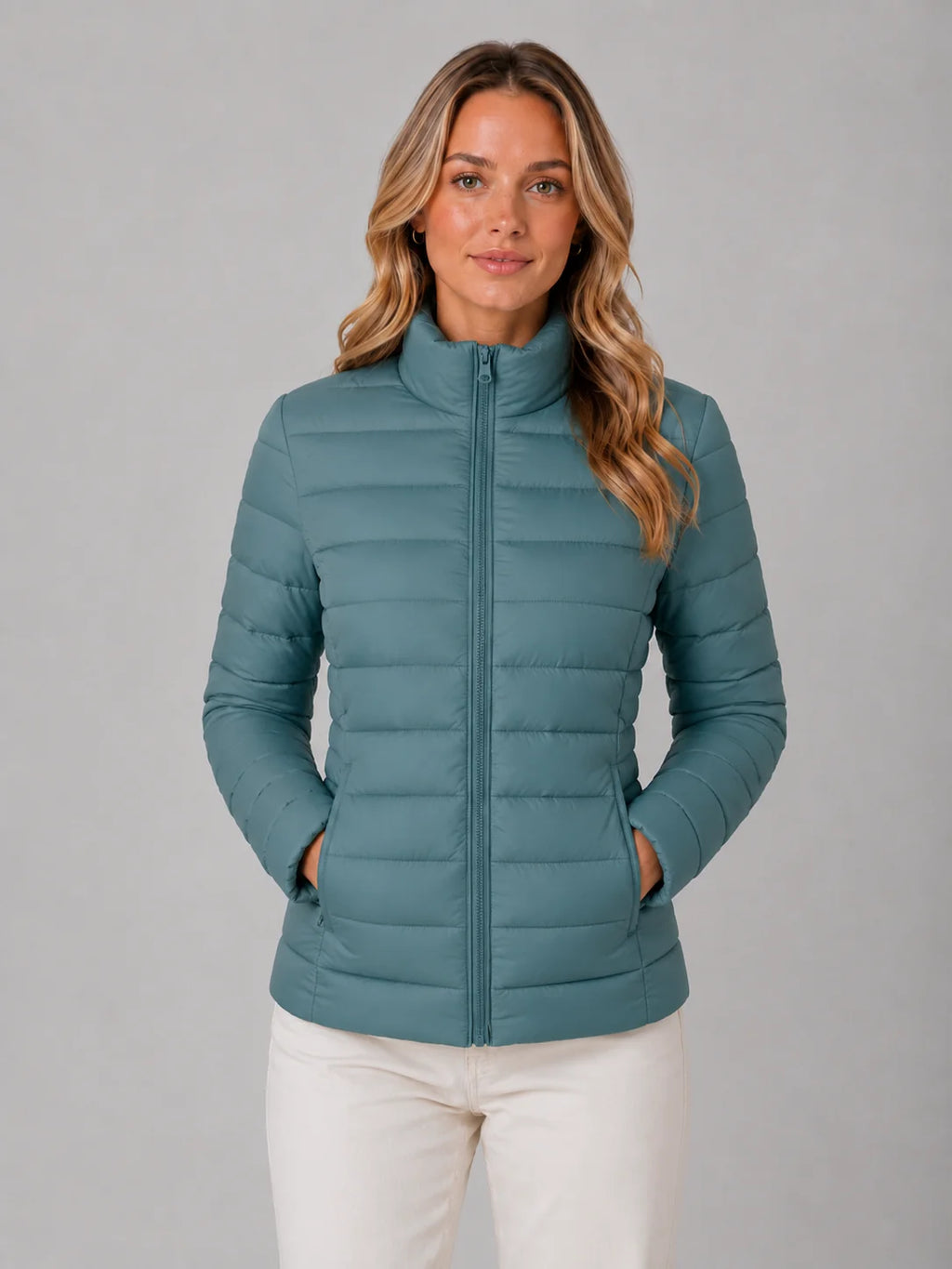 Close-up of the zip-up front on the women's quilted jacket