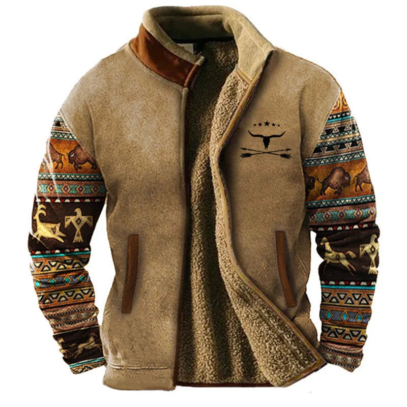 Men's Western Print Sherpa-Lined Jacket in Light Beige