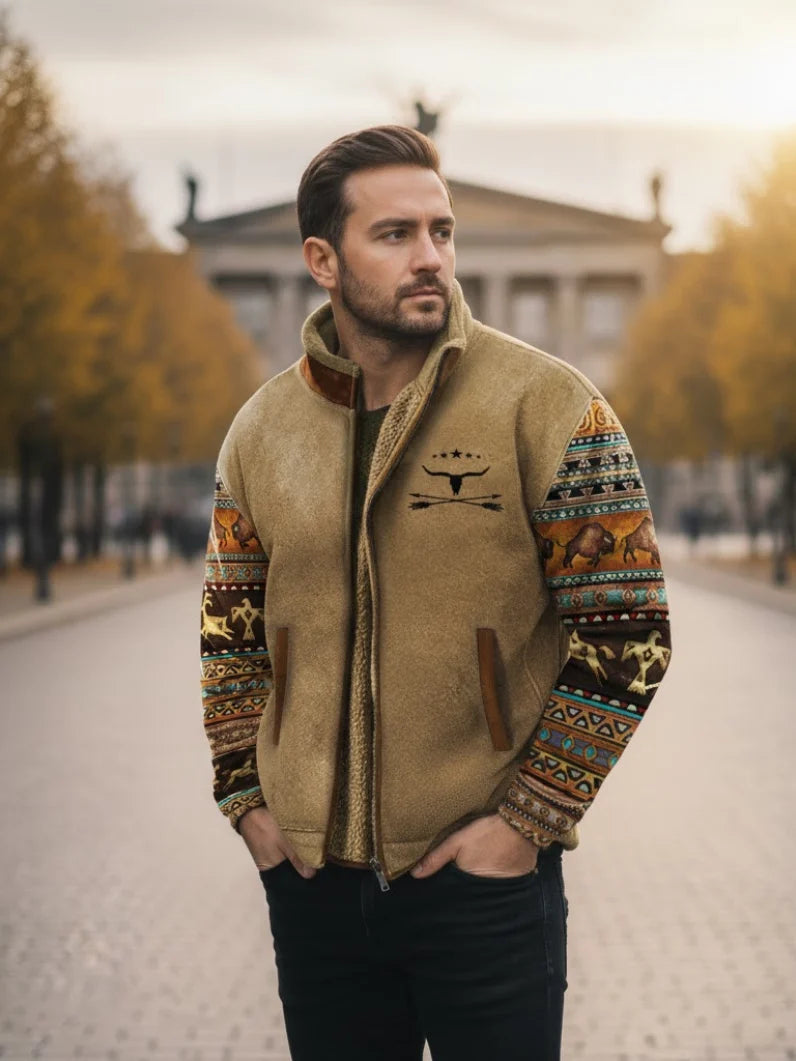 Men's Western Print Sherpa-Lined Jacket in Sky Blue