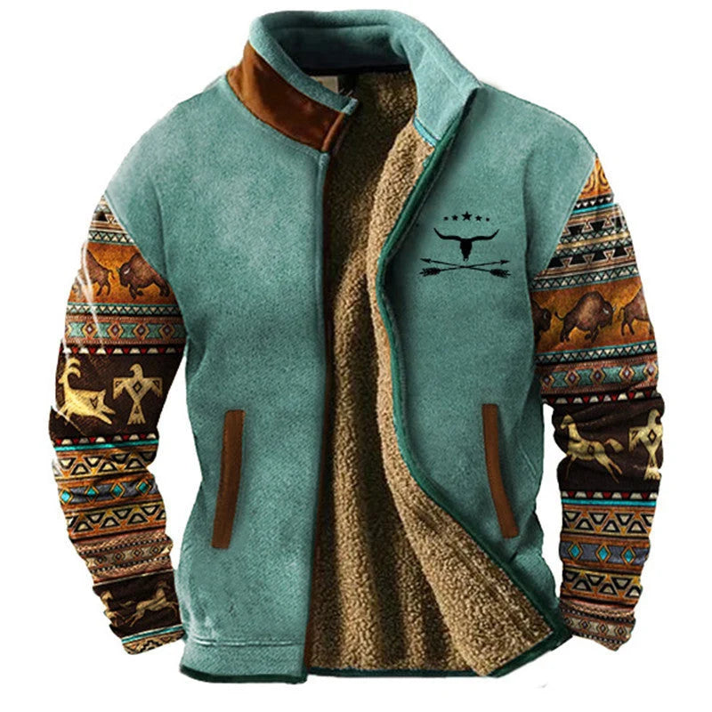 Men's Western Print Sherpa-Lined Jacket in Light Green