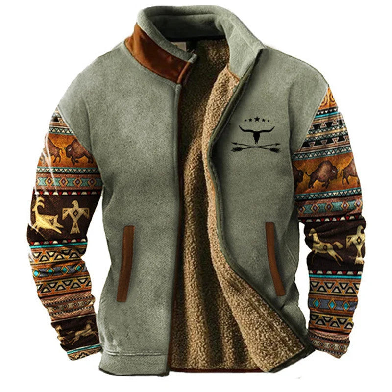 Men's Western Print Sherpa-Lined Jacket in Light Blue