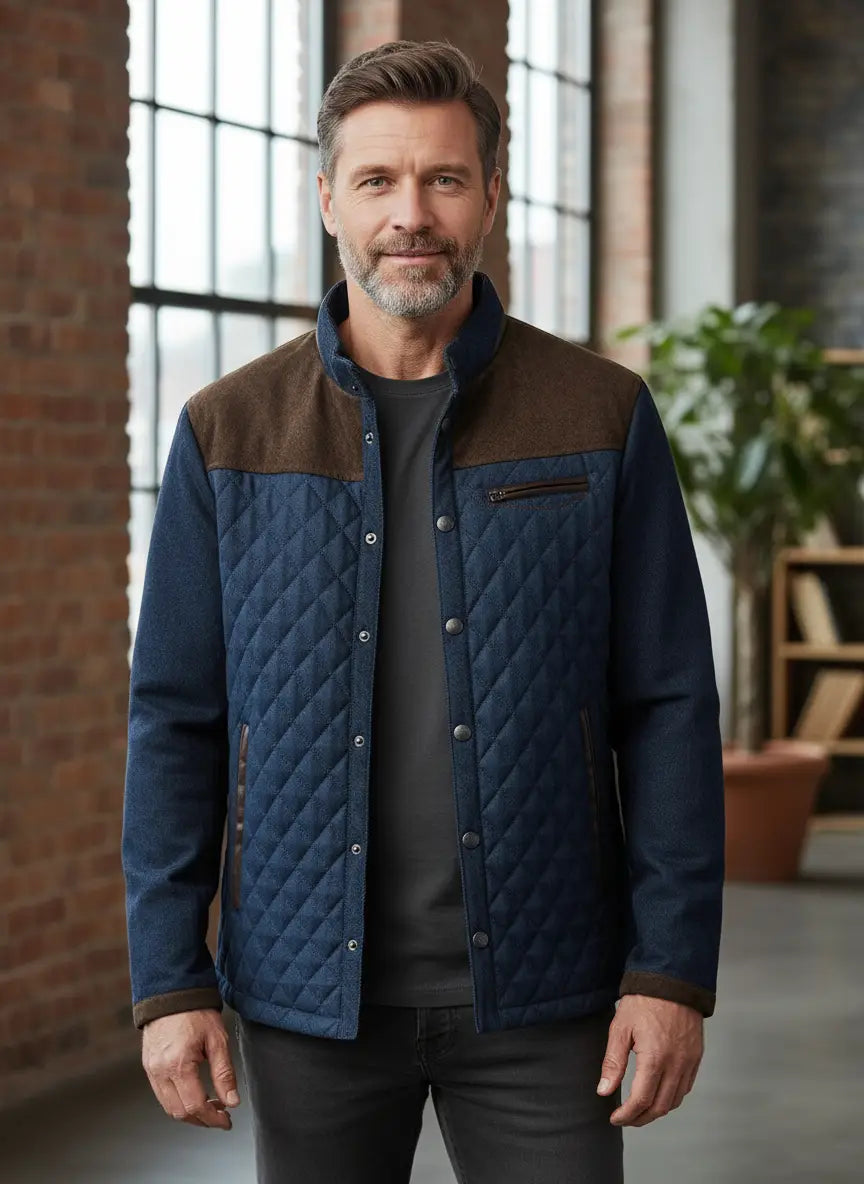Men's Quilted Jacket with Corduroy Trim – Snap Front Detail