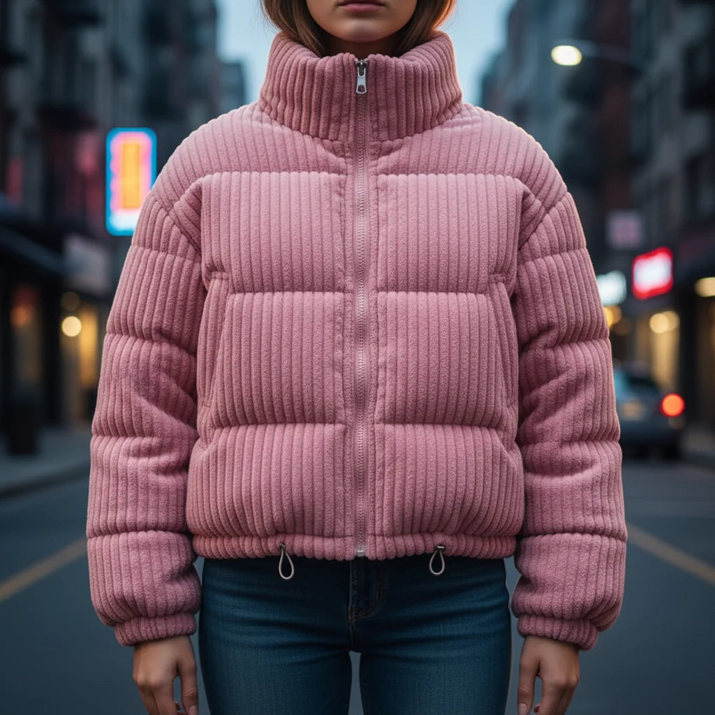 Women's Cropped Corduroy Puffer Jacket – Sleeve Detail